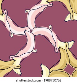 Creative seamless pattern with pink and orange banana shapes ornament. Purple background. Simple style. Perfect for fabric design, textile print, wrapping, cover. Vector illustration.