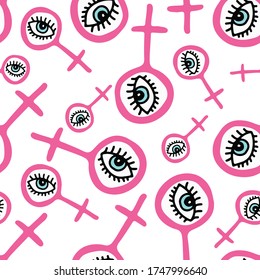 Patrón creativo sin foco con símbolo rosa de Venus y ojos sobre fondo blanco. Concepto de feminismo Estilo de doodle de dibujos animados. Ilustración vectorial.