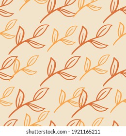 Creative seamless pattern with red and orange colored leaf branch print. Pastel backround. Outline shapes. Decorative backdrop for fabric design, textile print, wrapping, cover. Vector illustration.