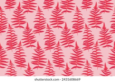 Creative seamless pattern with red shapes leaves branches fern on a pink background. Vector hand drawn sketch. Simple botanical print with artistic abstract leaf stems. Collage for designs, patterned