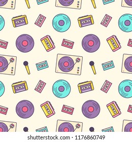 Creative seamless pattern with retro analog music player, cassette recorder, turntable, vinyl disc, microphone on light background. Colorful vector illustration for wrapping paper, textile print.