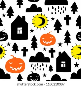 Creative seamless pattern in scandinavian style with night landscape. Hand drawn art in trend for Halloween party.