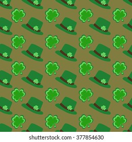 Creative seamless pattern with shamrock leaves and leprechaun hats for Happy St. Patrick's Day celebration.