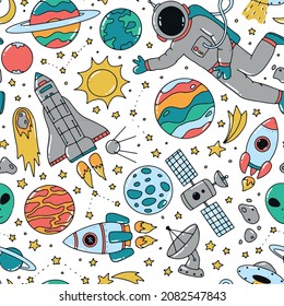 creative seamless pattern with space doodles on white background. Nursery textile prints, scrapbooking, wrapping paper, apparel, wallpaper, etc. EPS 10