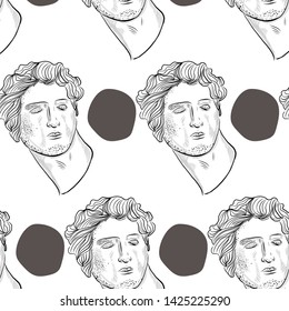 Creative seamless pattern with statue of David. Texture with marble antique sculpture of greek god. Background for packaging, textiles, wrapping paper, stationery design, print for cloth.