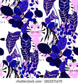Creative seamless pattern with  tiger in tropical forest. Bright summer print for any purposes. Trendy style.
