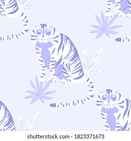 Creative seamless pattern with  tiger in tropical forest. Bright summer print for any purposes. Trendy style.
