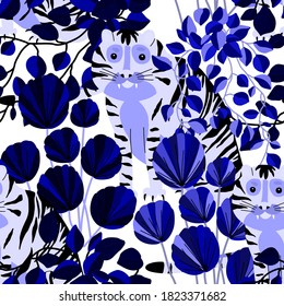 Creative seamless pattern with  tiger in tropical forest. Bright summer print for any purposes. Trendy style.