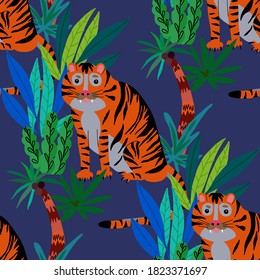 Creative seamless pattern with  tiger in tropical forest. Bright summer print for any purposes. Trendy style.