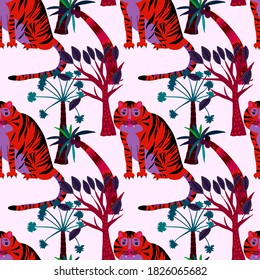 Creative seamless pattern with  tiger in tropical forest. Bright summer print for any purposes. Trendy style.