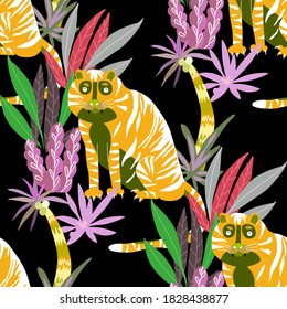 Creative seamless pattern with  tiger in tropical forest. Bright summer print for any purposes. Trendy style.