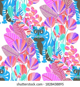 Creative seamless pattern with  tiger in tropical forest. Bright summer print for any purposes. Trendy style.