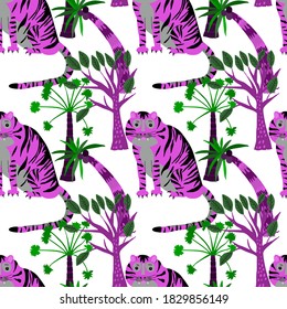 Creative seamless pattern with  tiger in tropical forest. Bright summer print for any purposes. Trendy style.