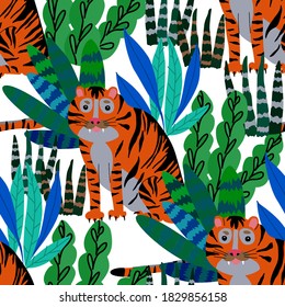 Creative seamless pattern with  tiger in tropical forest. Bright summer print for any purposes. Trendy style.