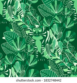 Creative seamless pattern with  tiger in tropical forest. Bright summer print for any purposes. Trendy style.
