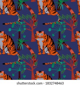 Creative seamless pattern with  tiger in tropical forest. Bright summer print for any purposes. Trendy style.