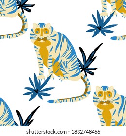 Creative seamless pattern with  tiger in tropical forest. Bright summer print for any purposes. Trendy style.