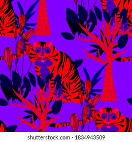 Creative seamless pattern with  tiger in tropical forest. Bright summer print for any purposes. Trendy style.