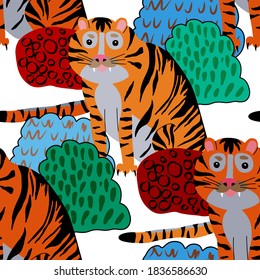 Creative seamless pattern with  tiger in tropical forest. Bright summer print for any purposes. Trendy style.