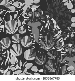 Creative seamless pattern with tiger in tropical forest. Bright summer print for any purposes. Trendy style.	