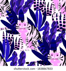 Creative seamless pattern with tiger in tropical forest. Bright summer print for any purposes. Trendy style.	