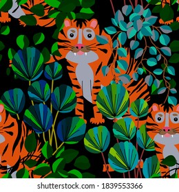 Creative seamless pattern with tiger in tropical forest. Bright summer print for any purposes. Trendy style.	