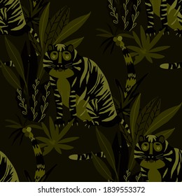 Creative seamless pattern with tiger in tropical forest. Bright summer print for any purposes. Trendy style.	