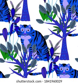 Creative seamless pattern with tiger in tropical forest. Bright summer print for any purposes. Trendy style.	