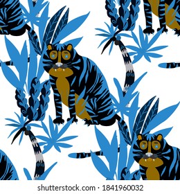 Creative seamless pattern with tiger in tropical forest. Bright summer print for any purposes. Trendy style.	