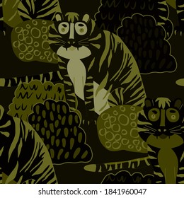 Creative seamless pattern with tiger in tropical forest. Bright summer print for any purposes. Trendy style.	