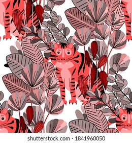 Creative seamless pattern with tiger in tropical forest. Bright summer print for any purposes. Trendy style.	