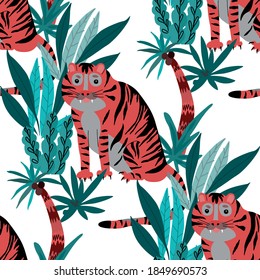 Creative seamless pattern with tiger in tropical forest. Bright summer print for any purposes. Trendy style.	