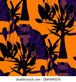 Creative seamless pattern with tiger in tropical forest. Bright summer print for any purposes. Trendy style.	