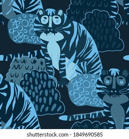 Creative seamless pattern with tiger in tropical forest. Bright summer print for any purposes. Trendy style.	