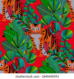 Creative seamless pattern with tiger in tropical forest. Bright summer print for any purposes. Trendy style.	