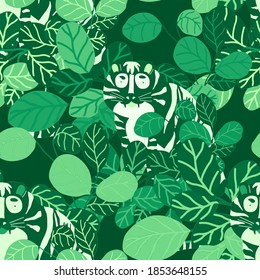 Creative seamless pattern with tiger in tropical forest. Bright summer print for any purposes. Trendy style.	