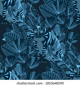 Creative seamless pattern with tiger in tropical forest. Bright summer print for any purposes. Trendy style.	