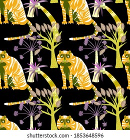 Creative seamless pattern with tiger in tropical forest. Bright summer print for any purposes. Trendy style.	