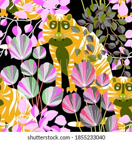 Creative seamless pattern with tiger in tropical forest. Bright summer print for any purposes. Trendy style.	