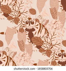 Creative seamless pattern with tiger in tropical forest. Bright summer print for any purposes. Trendy style.	