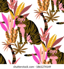Creative seamless pattern with tiger in tropical forest. Bright summer print for any purposes. Trendy style.	