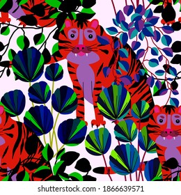 Creative seamless pattern with tiger in tropical forest. Bright summer print for any purposes. Trendy style.	