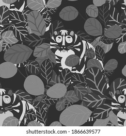 Creative seamless pattern with tiger in tropical forest. Bright summer print for any purposes. Trendy style.	
