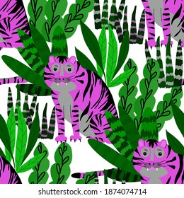 Creative seamless pattern with tiger in tropical forest. Bright summer print for any purposes. Trendy style.	