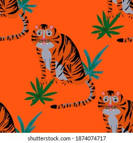 Creative seamless pattern with tiger in tropical forest. Bright summer print for any purposes. Trendy style.	