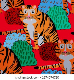 Creative seamless pattern with tiger in tropical forest. Bright summer print for any purposes. Trendy style.	