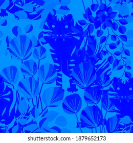 Creative seamless pattern with tiger in tropical forest. Bright summer print for any purposes. Trendy style.	