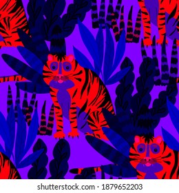 Creative seamless pattern with tiger in tropical forest. Bright summer print for any purposes. Trendy style.	