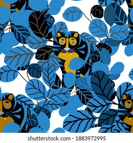 Creative seamless pattern with tiger in tropical forest. Bright summer print for any purposes. Trendy style.	