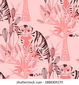 Creative seamless pattern with tiger in tropical forest. Bright summer print for any purposes. Trendy style.	